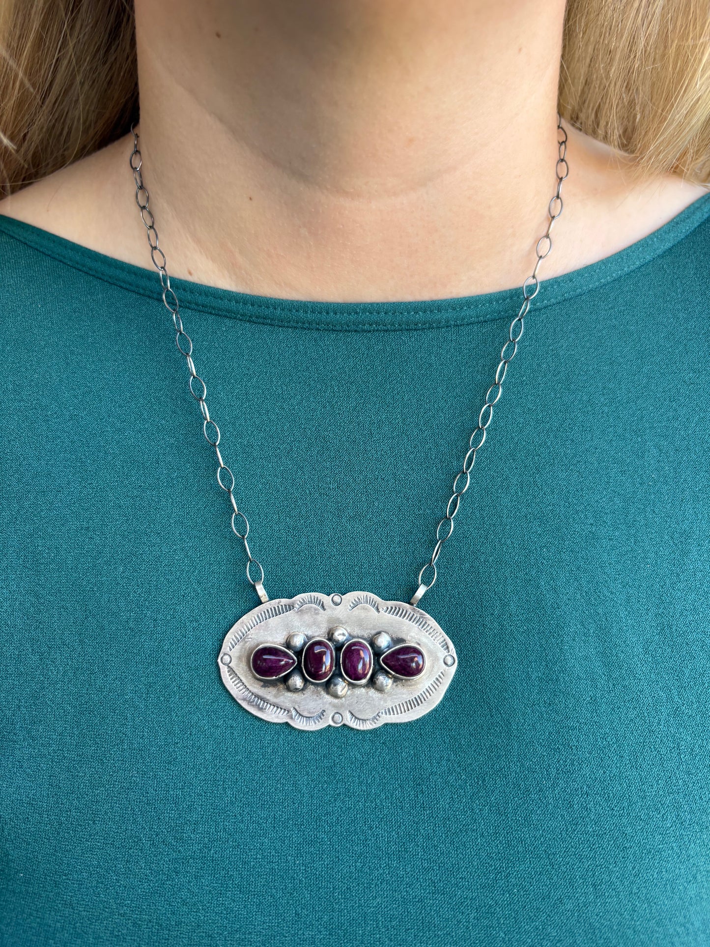 Purple Spiny 4-Stone Stamped Edge Necklace - 17"