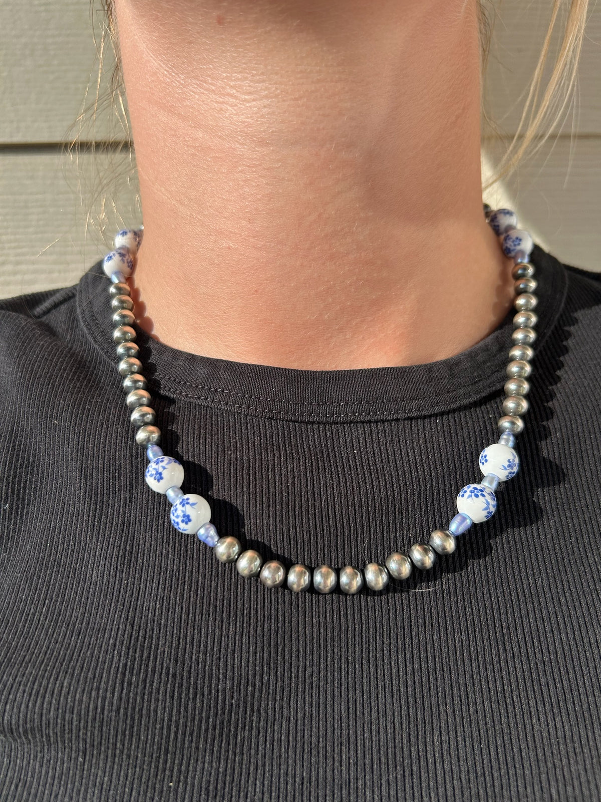 Heirloom and Blue Pearl Necklace with 7mm Sterling Pearls - 18"