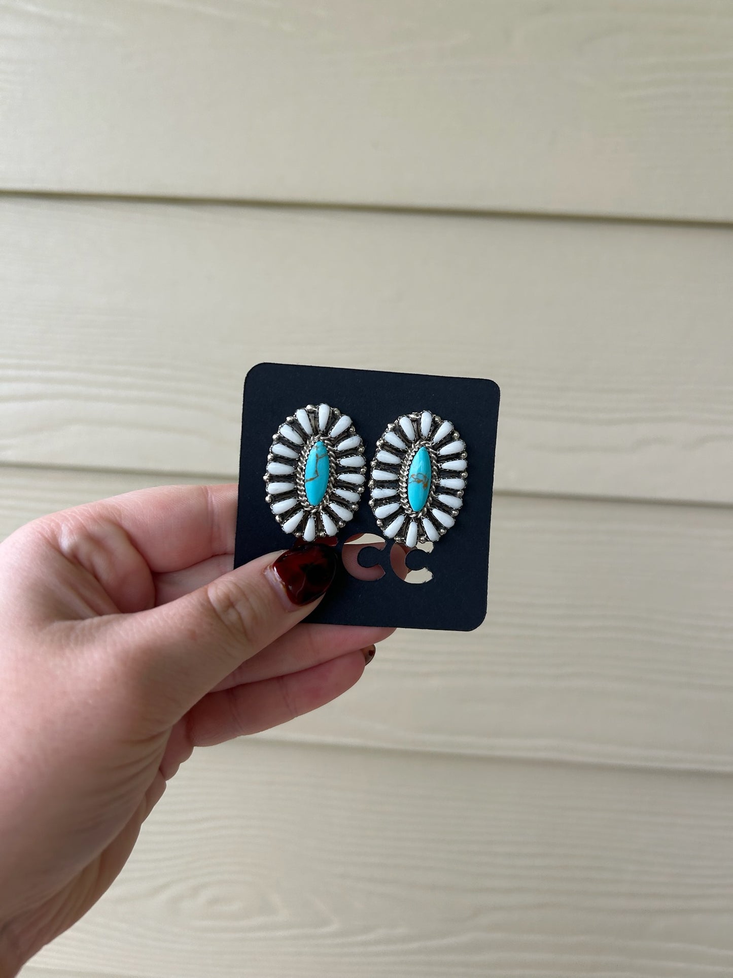 White Buffalo and Turquoise Large Oval Cluster Earrings