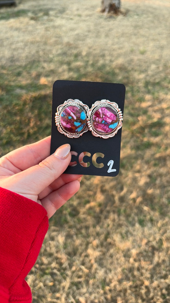 Pink Dahlia Large Circle Studs with Scroll Detail