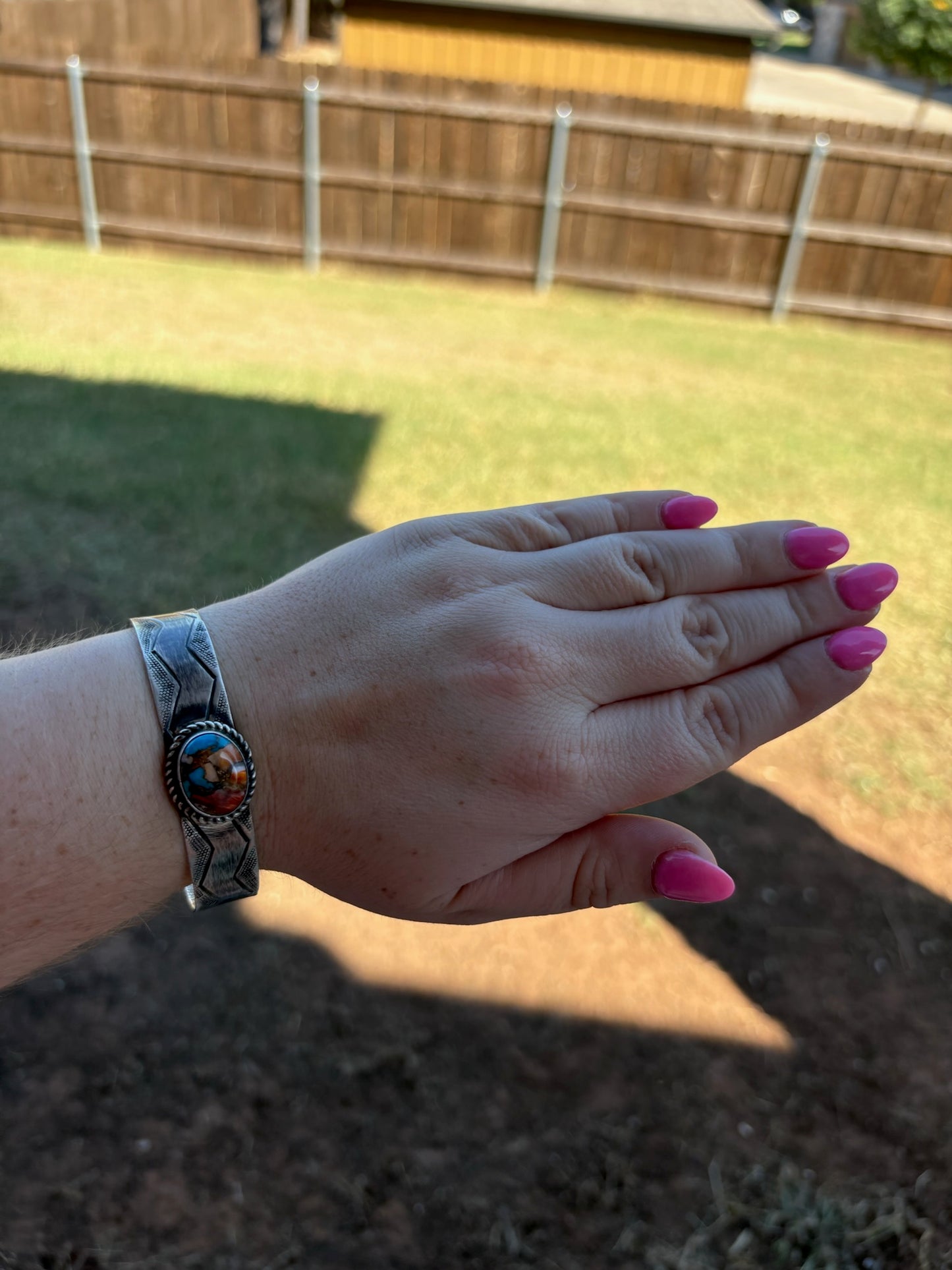 Spiny Turquoise Stamped Wide Band Cuff