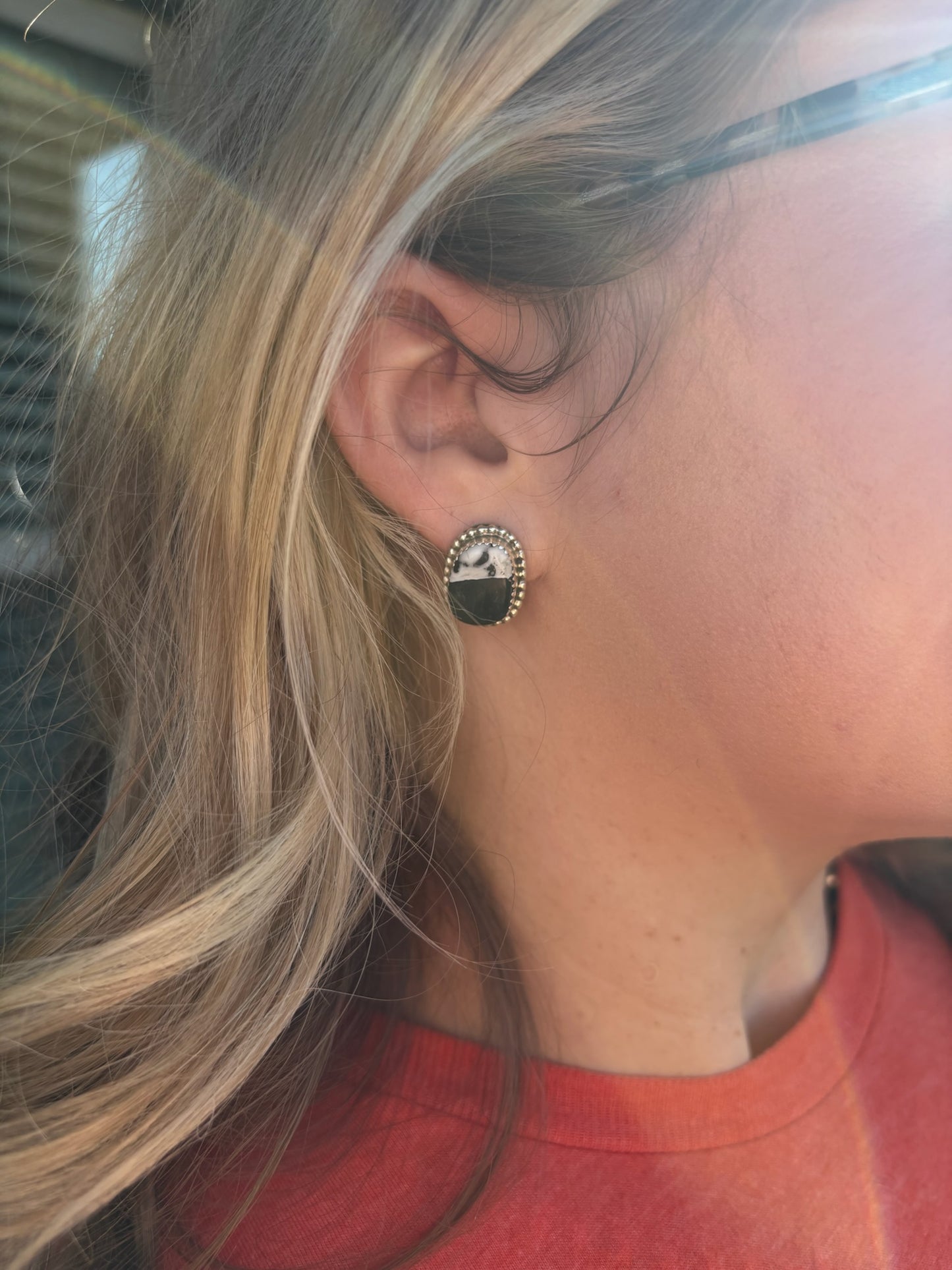 The Half White Buffalo Oval Studs with Bead Border