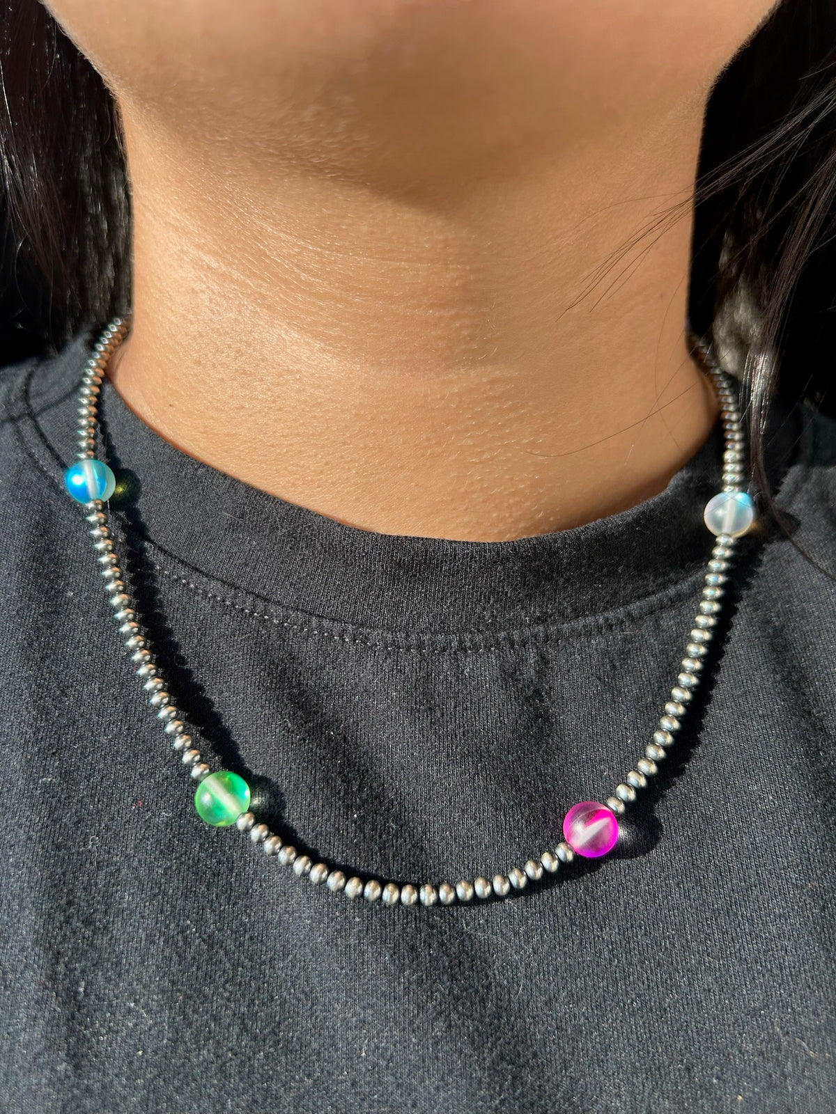 Multi Color Glass Bead with 3mm Sterling Pearls Necklace - 18"