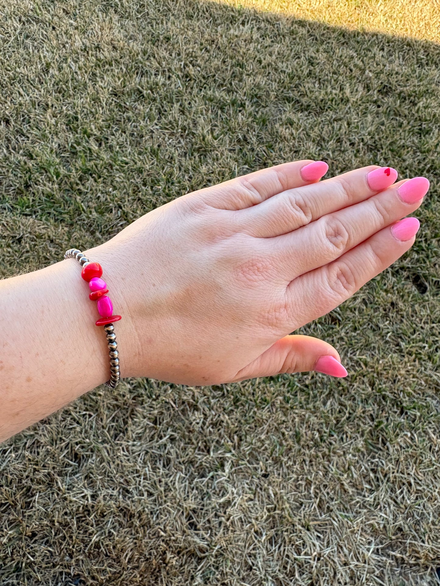 My Valentine Pink Dyed MOP and Red Coral Sterling Bracelet - 6"-7.5"
