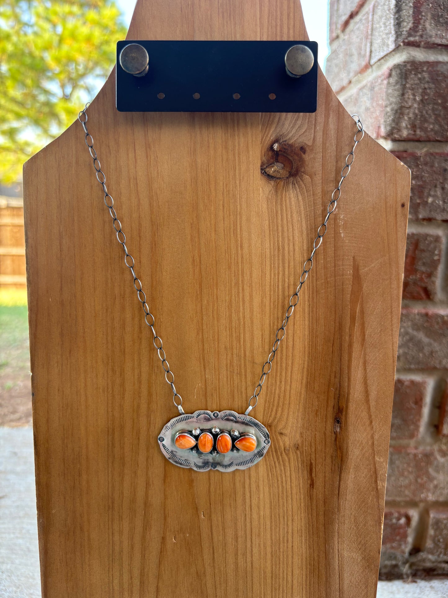 Orange Spiny 4-Stone Stamped Edge Necklace