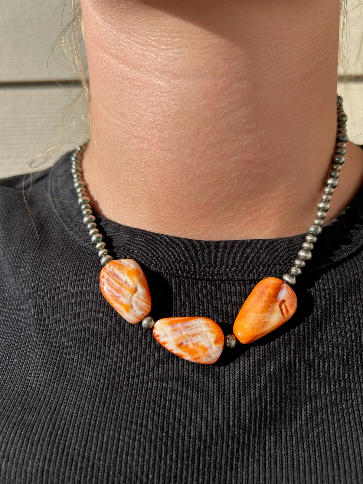 Orange Spiny Flat with 5mm and 4mm Sterling Pearls - 18"