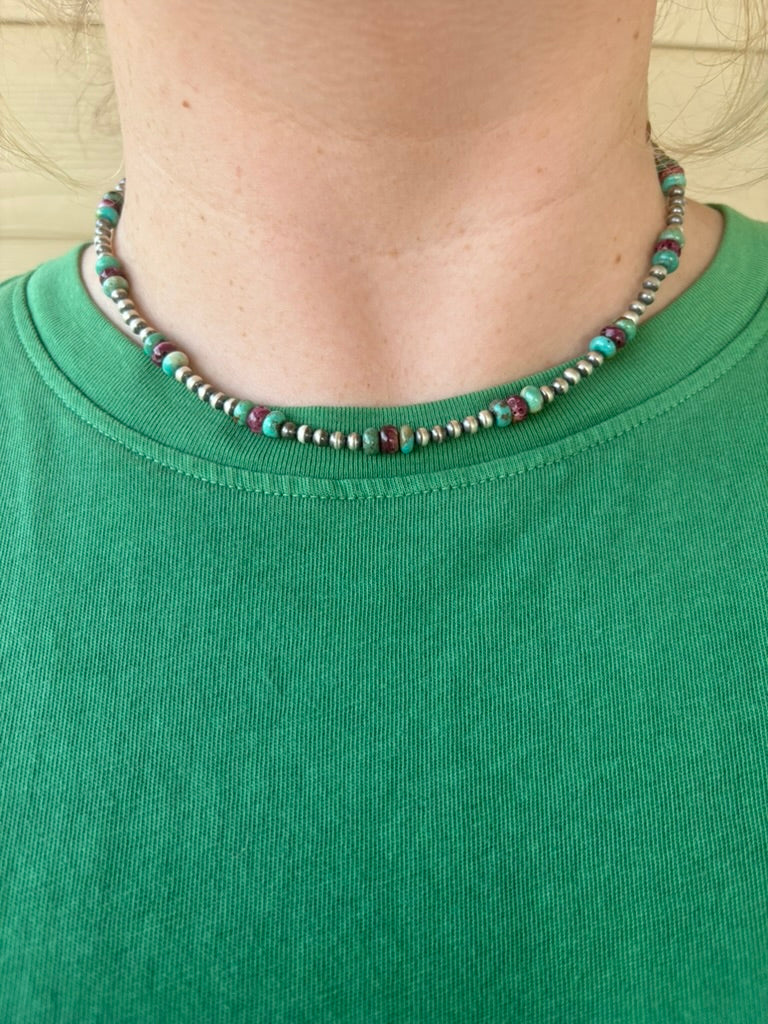 Turquoise and Purple Spiny with Sterling Pearls Necklace - 18"