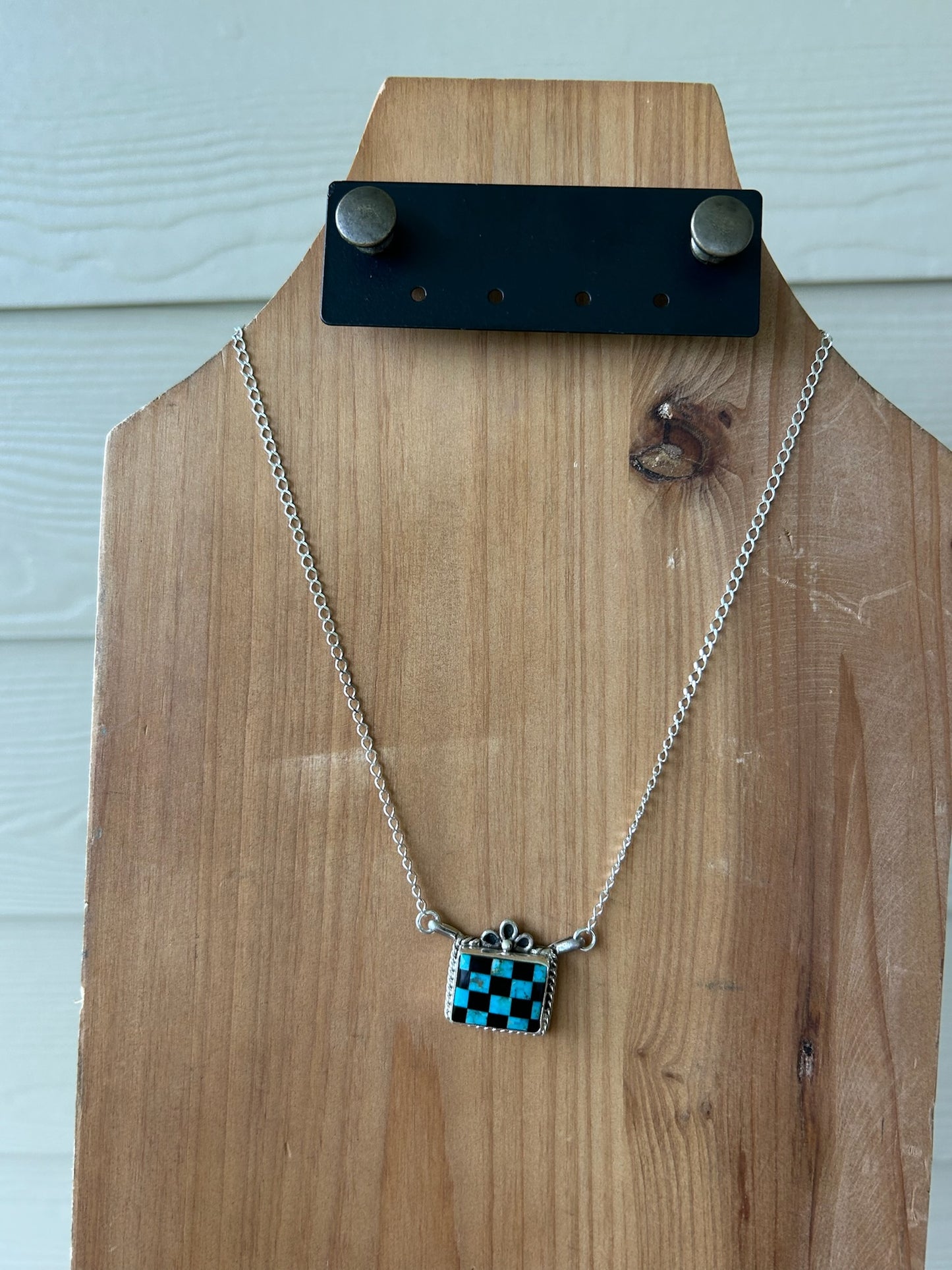 Turquoise and Black Onyx Checkered Bar Necklace - 17"