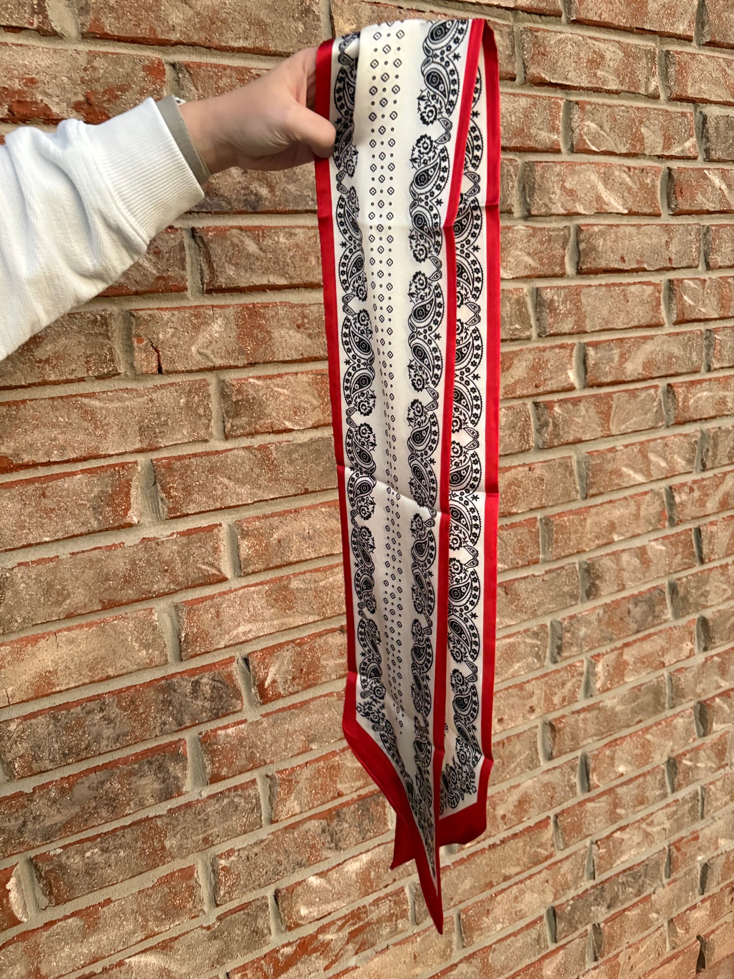 Red, White, and Black Paisley Patterned Reversible Twilly Scarf