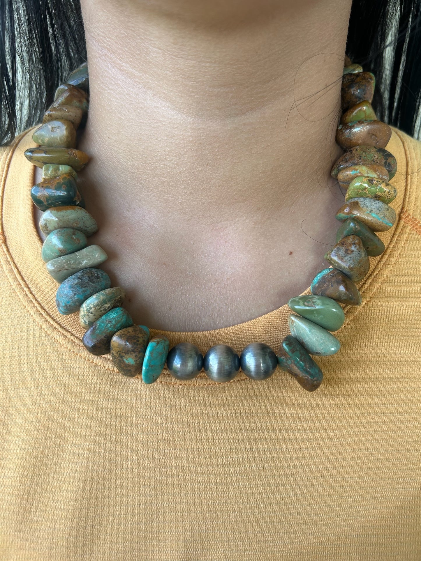 Green Kingman Large Chunky Necklace with Variated Sterling Pearls - 19.5"