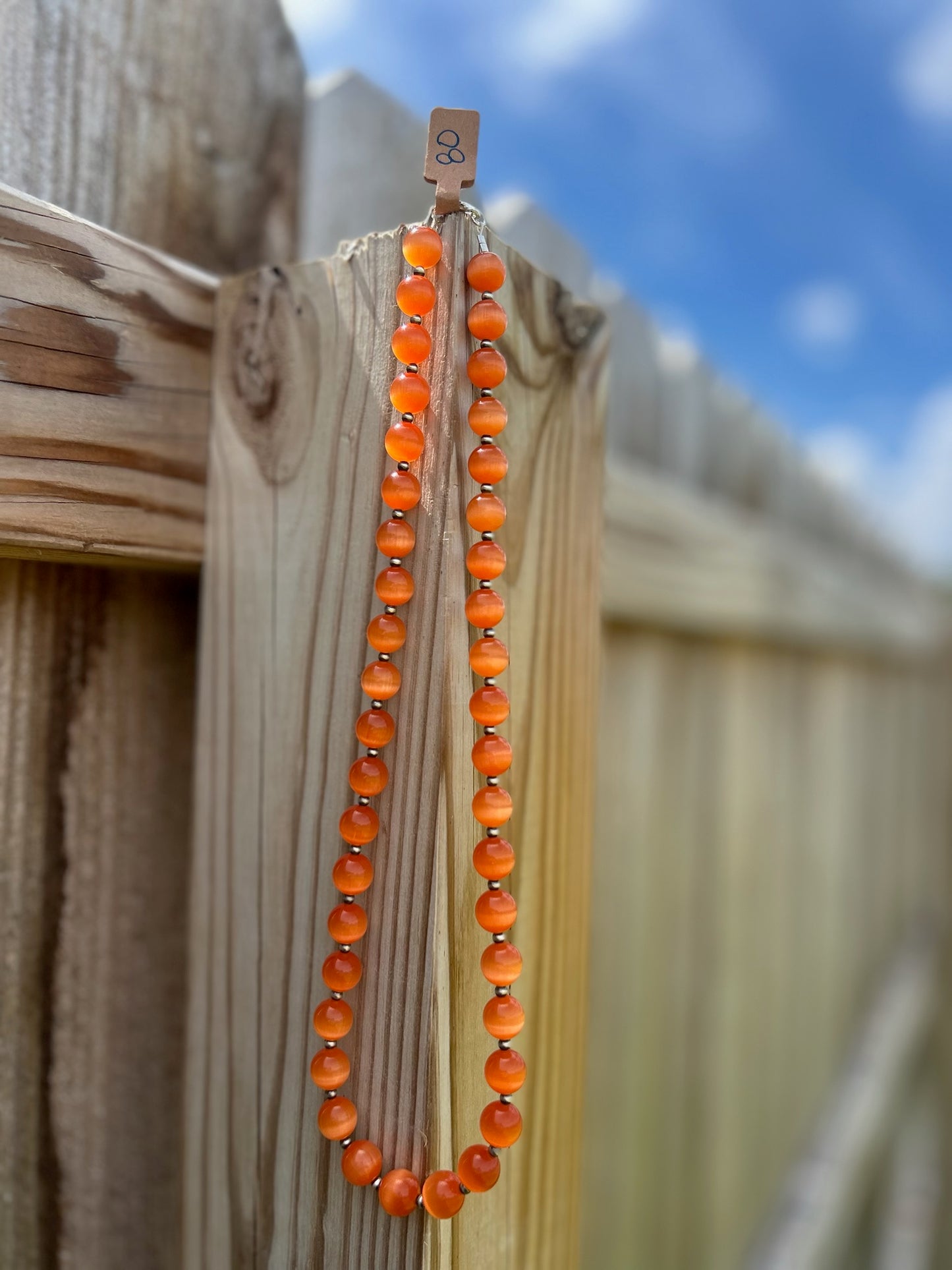 Orange Cateye with 3mm Sterling Pearls Necklace - 21"