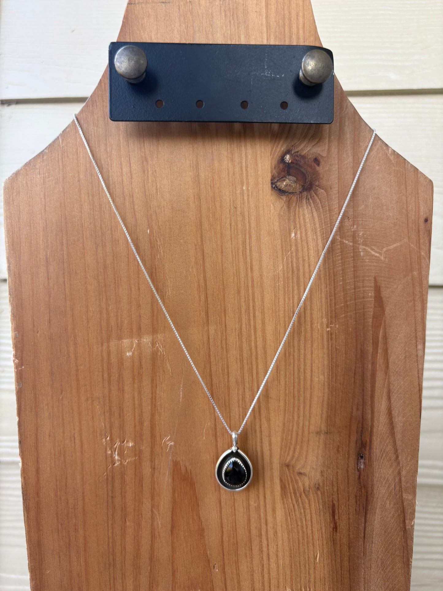 Black Onyx Teardrop Raised Edge Pendant on Chain - 18"