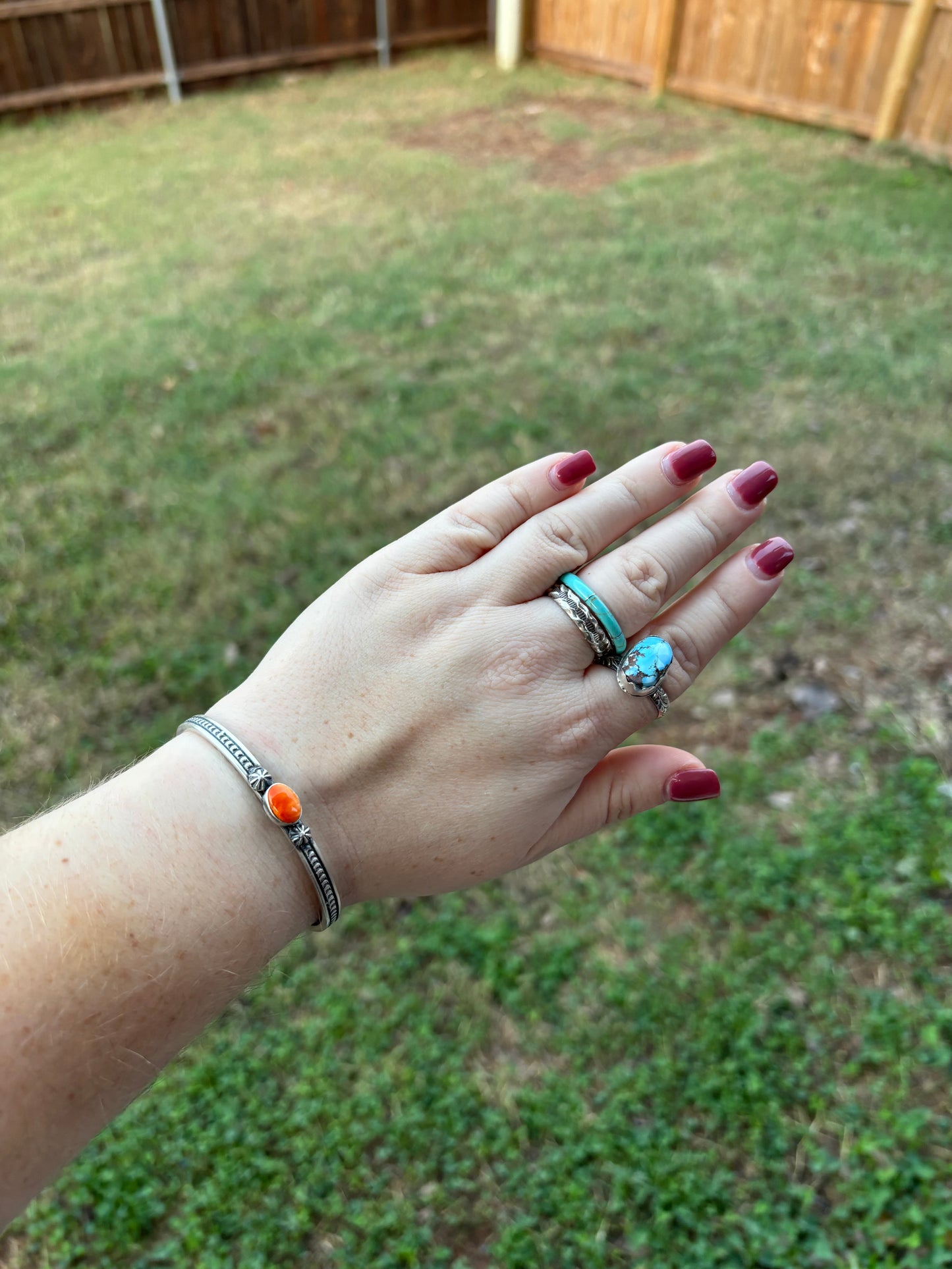 Orange Spiny Stamped Band Single Stone Cuff