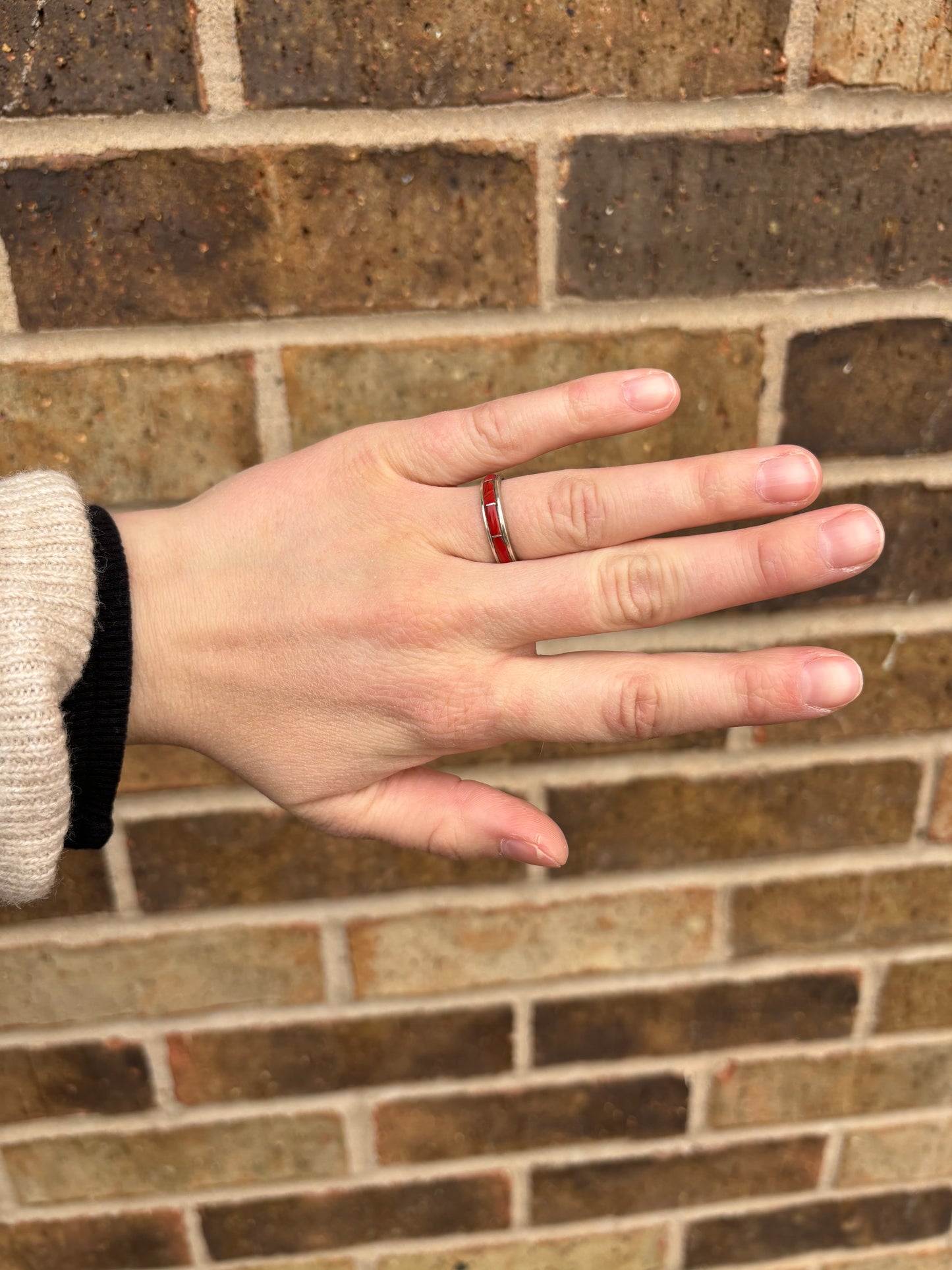 Red Coral Inlayed Stacker Ring - SIZE 7 3/4