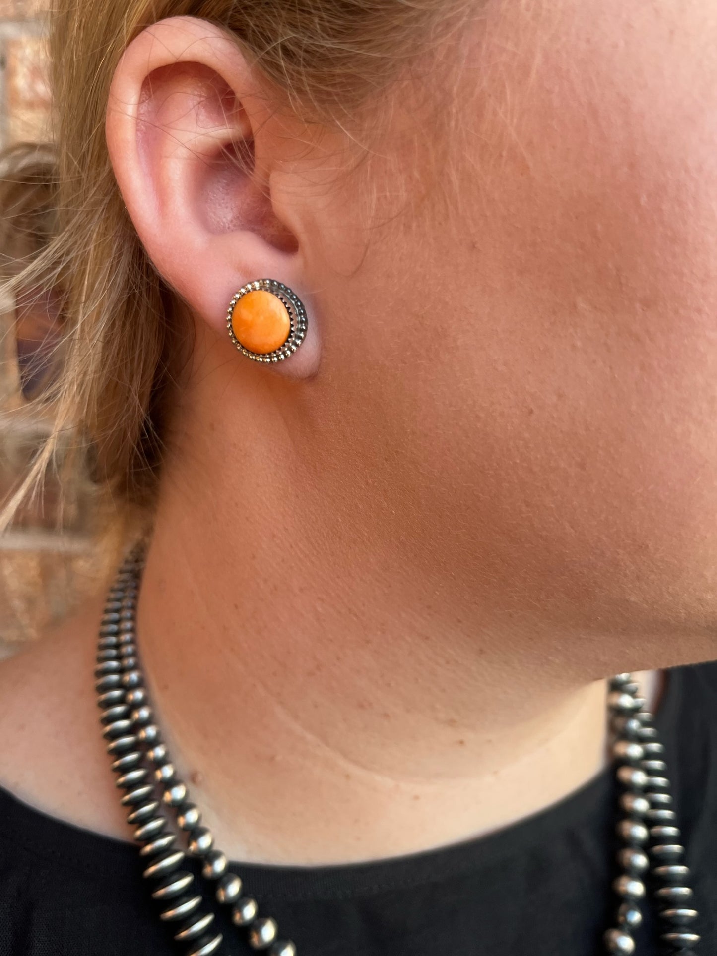 Orange Spiny Circle Studs with Rope