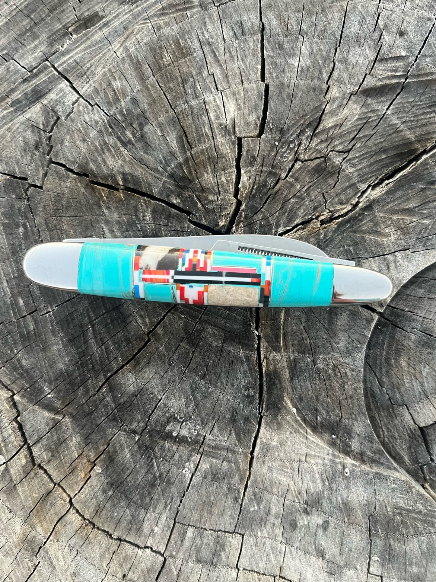 Inlayed Turquoise Light Pocket Knife (3 Blade)