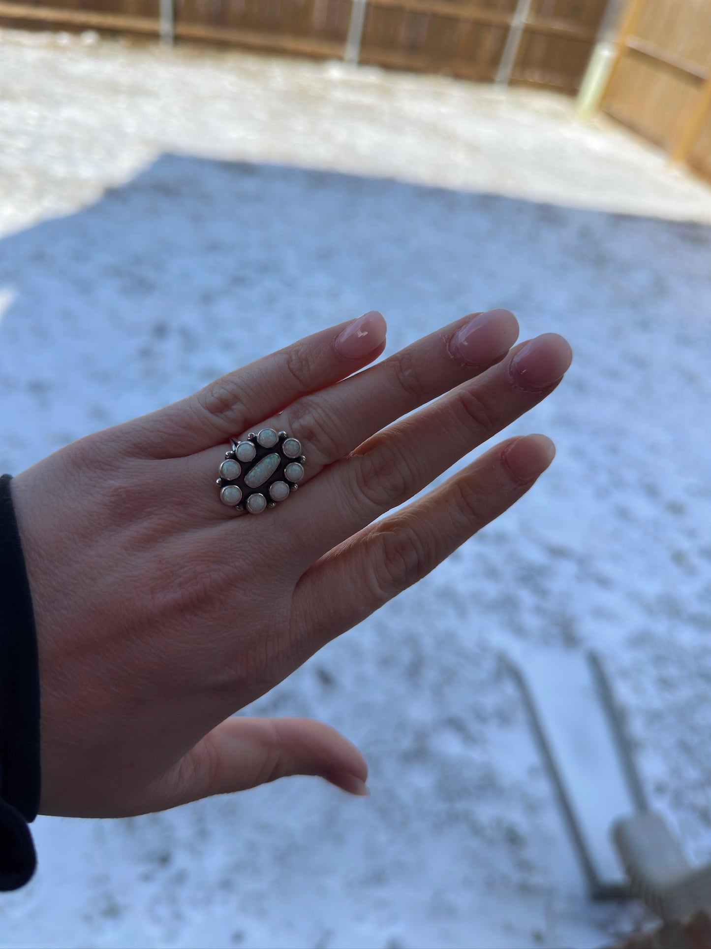 White Opal Flower Cluster Ring - Size 6 3/4