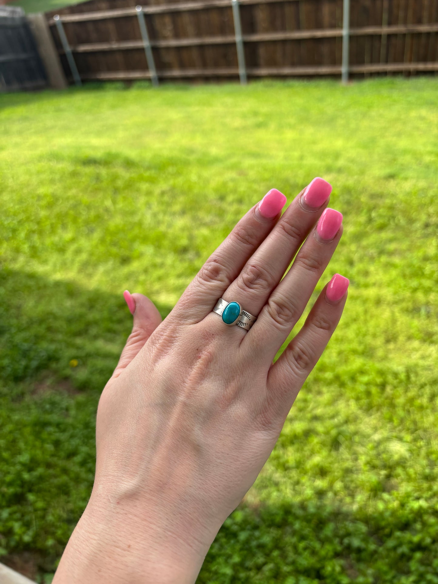 Kingman Turquoise Thick Stamped Band Ring - Size 7.5 & 6.5