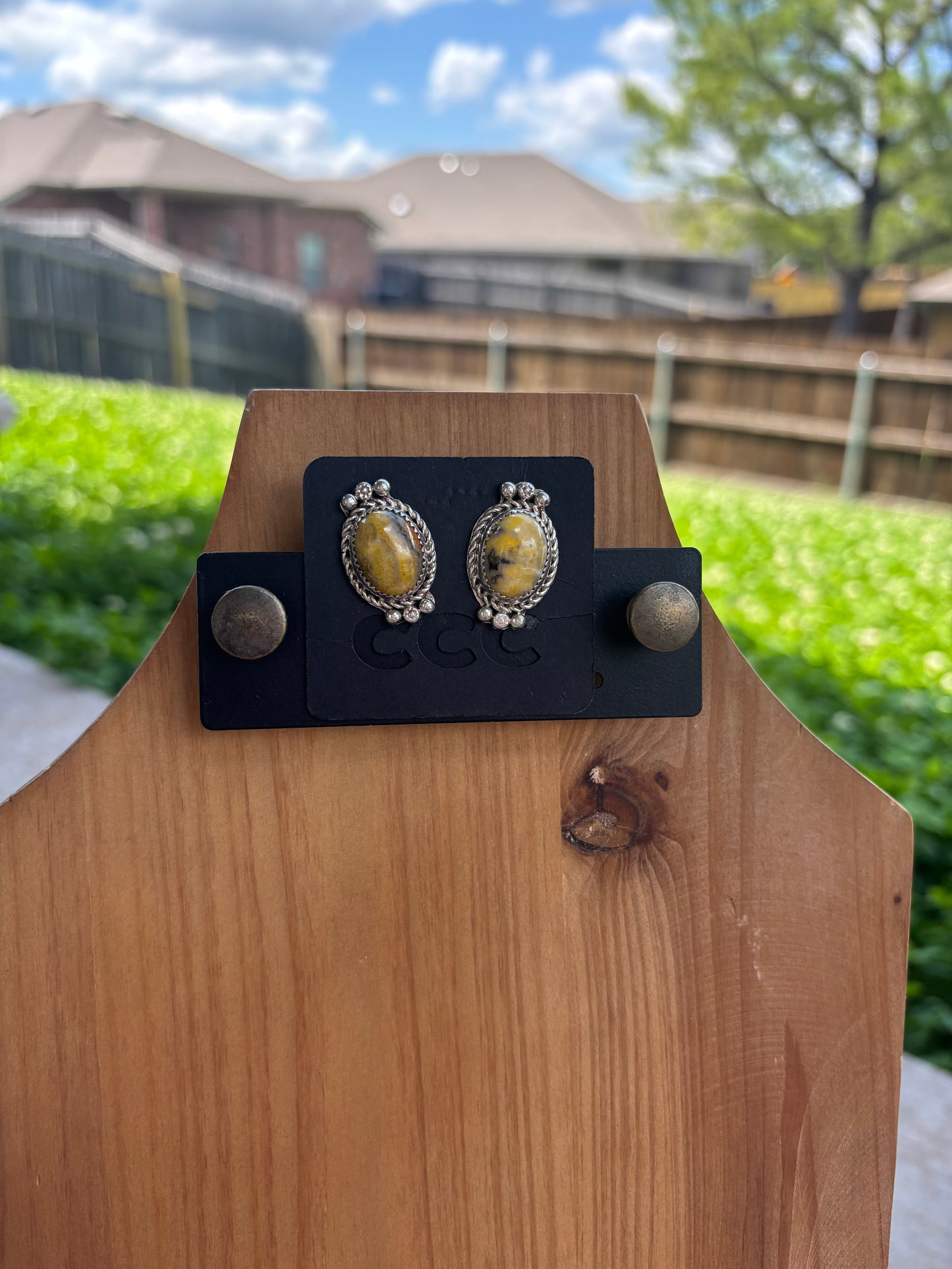 Bumblebee Jasper Oval Earrings with Rope and Detail