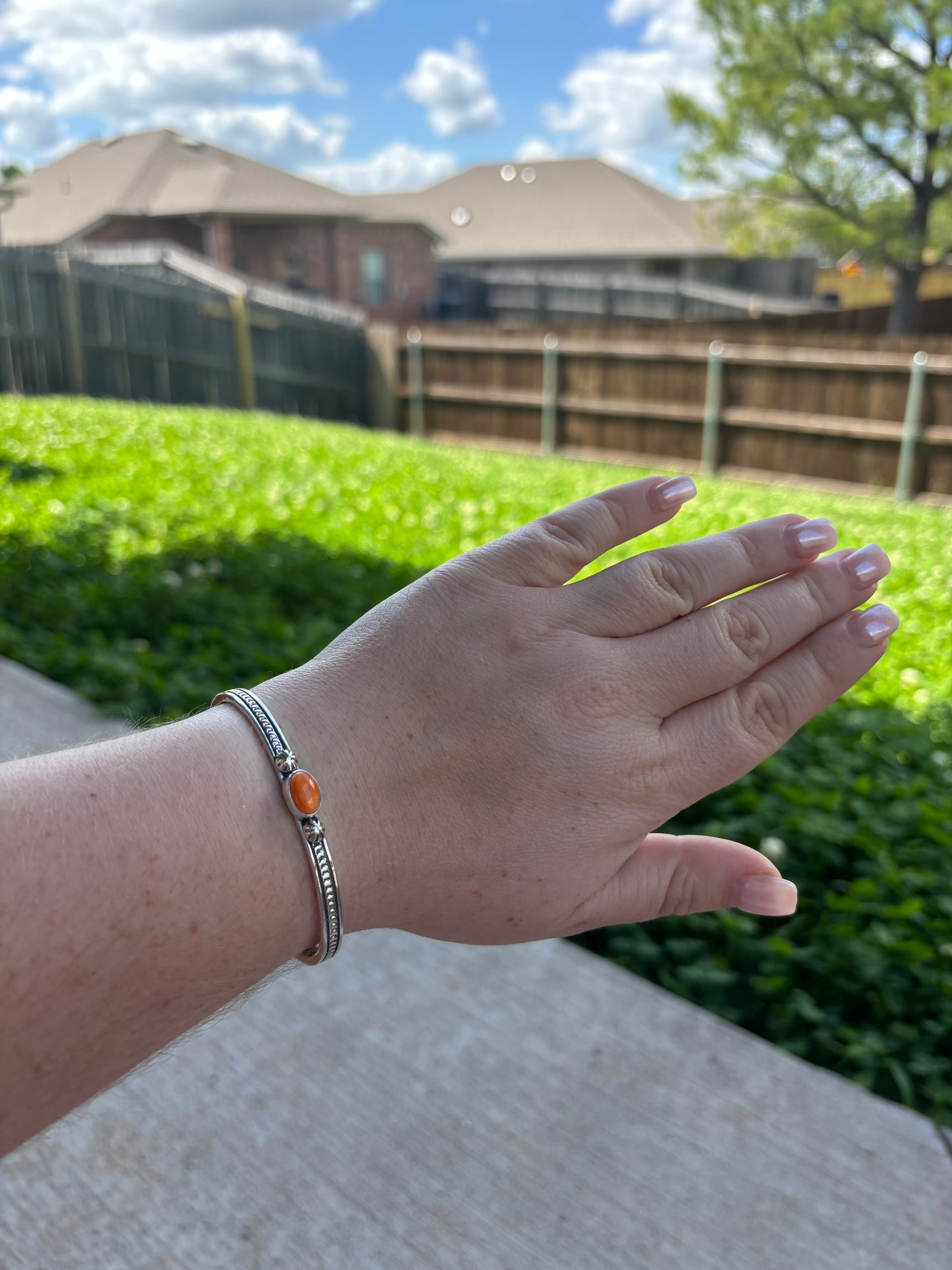 Orange Spiny Stamped Band Single Stone Cuff