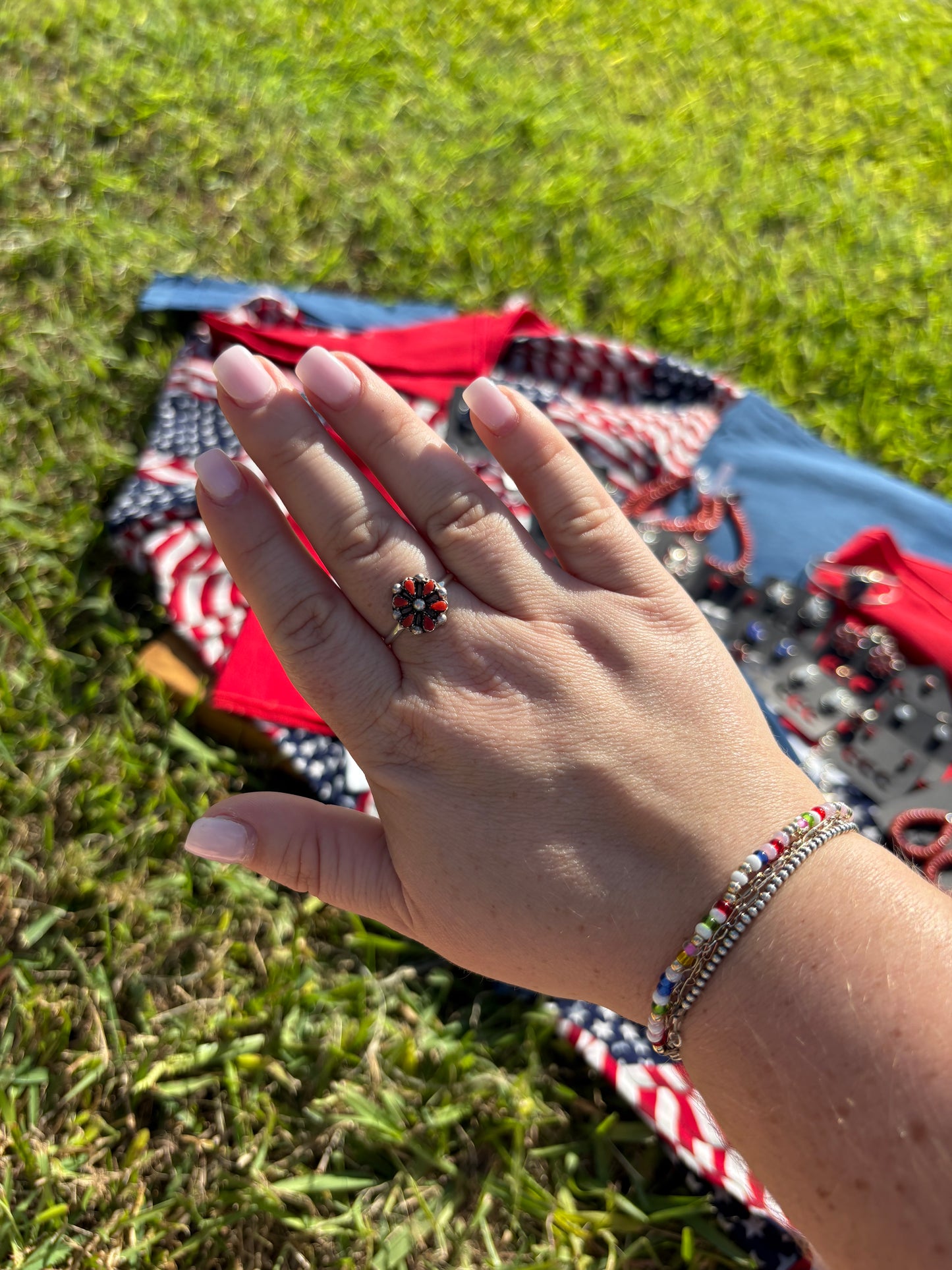 Red Coral Small Flower Cluster Ring - MULTIPLE SIZES