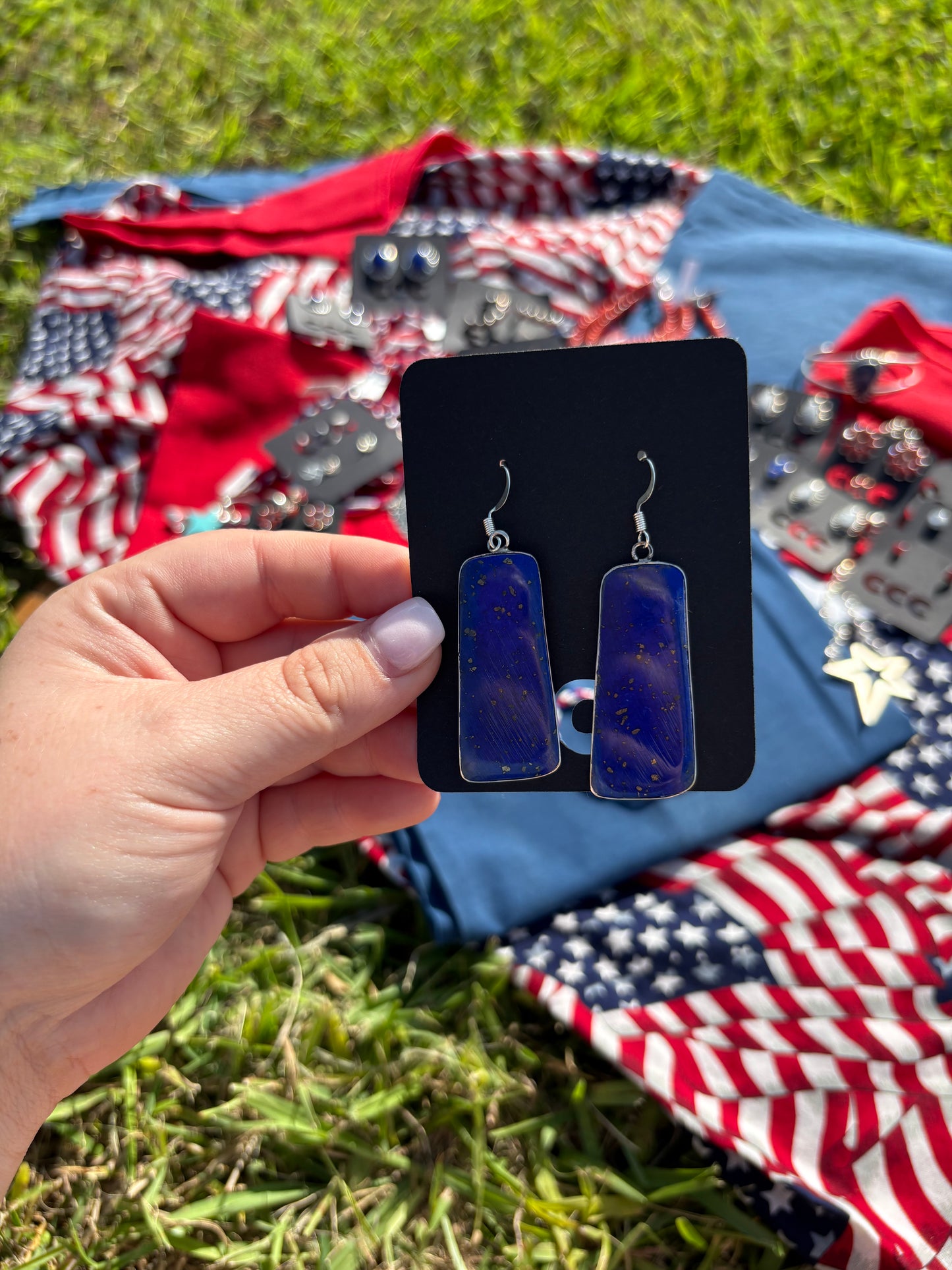 Blue Lapis Silver Inlay Slab Dangle Earrings