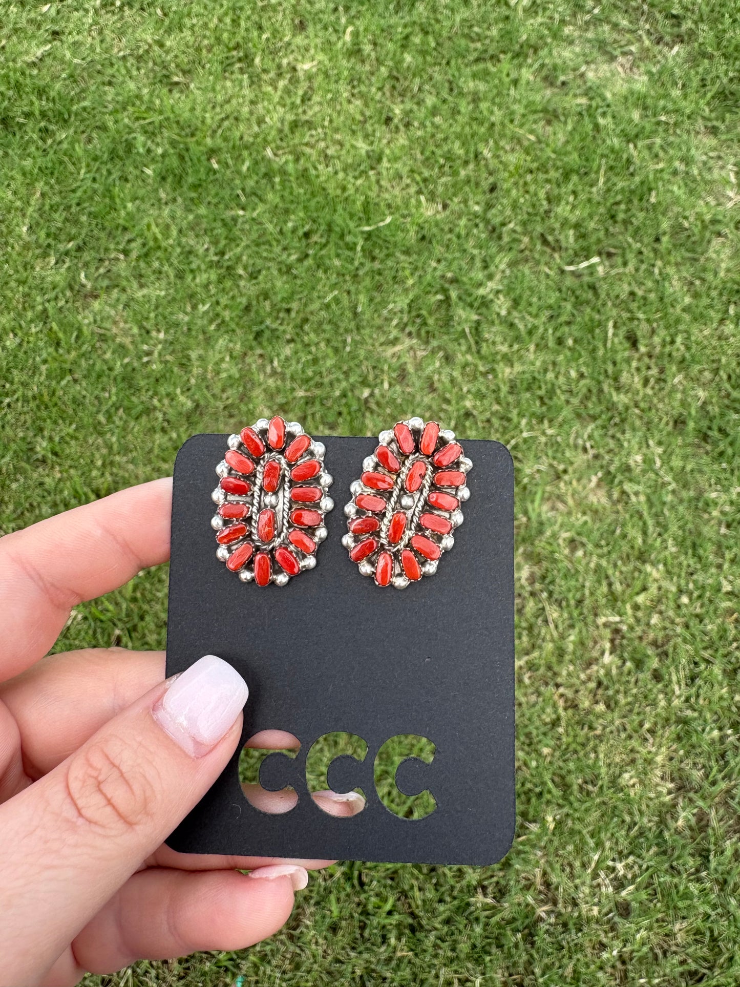Red Coral Oval Cluster Earrings