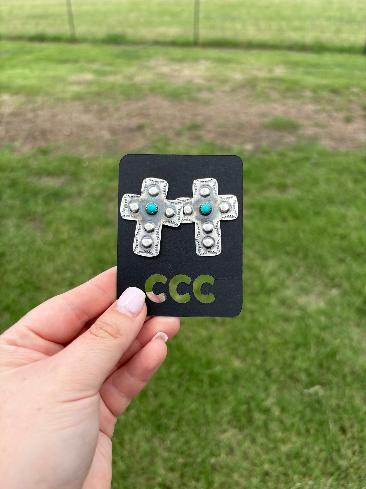 Sterling Stamped Cross Turquoise Earrings