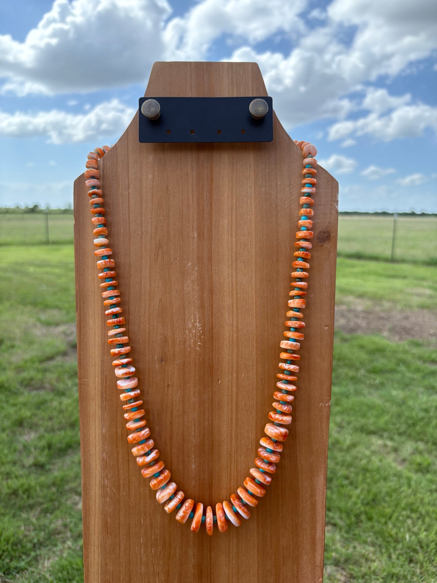 28" Orange Spiny Large Graduated Disc Necklace with Turquoise Spacers