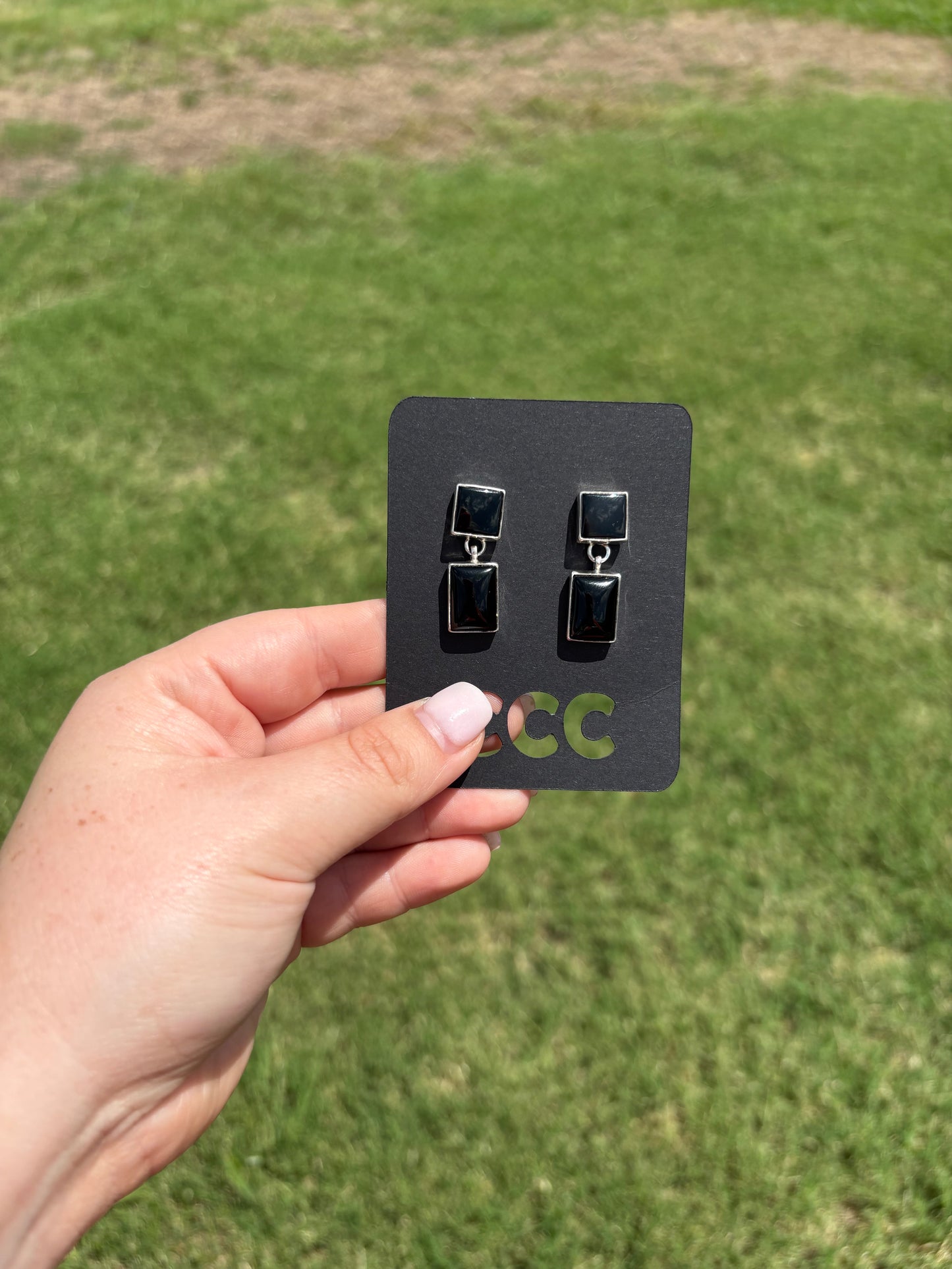 Black Onyx Square Rectangle 2-Stone Dangle Earrings