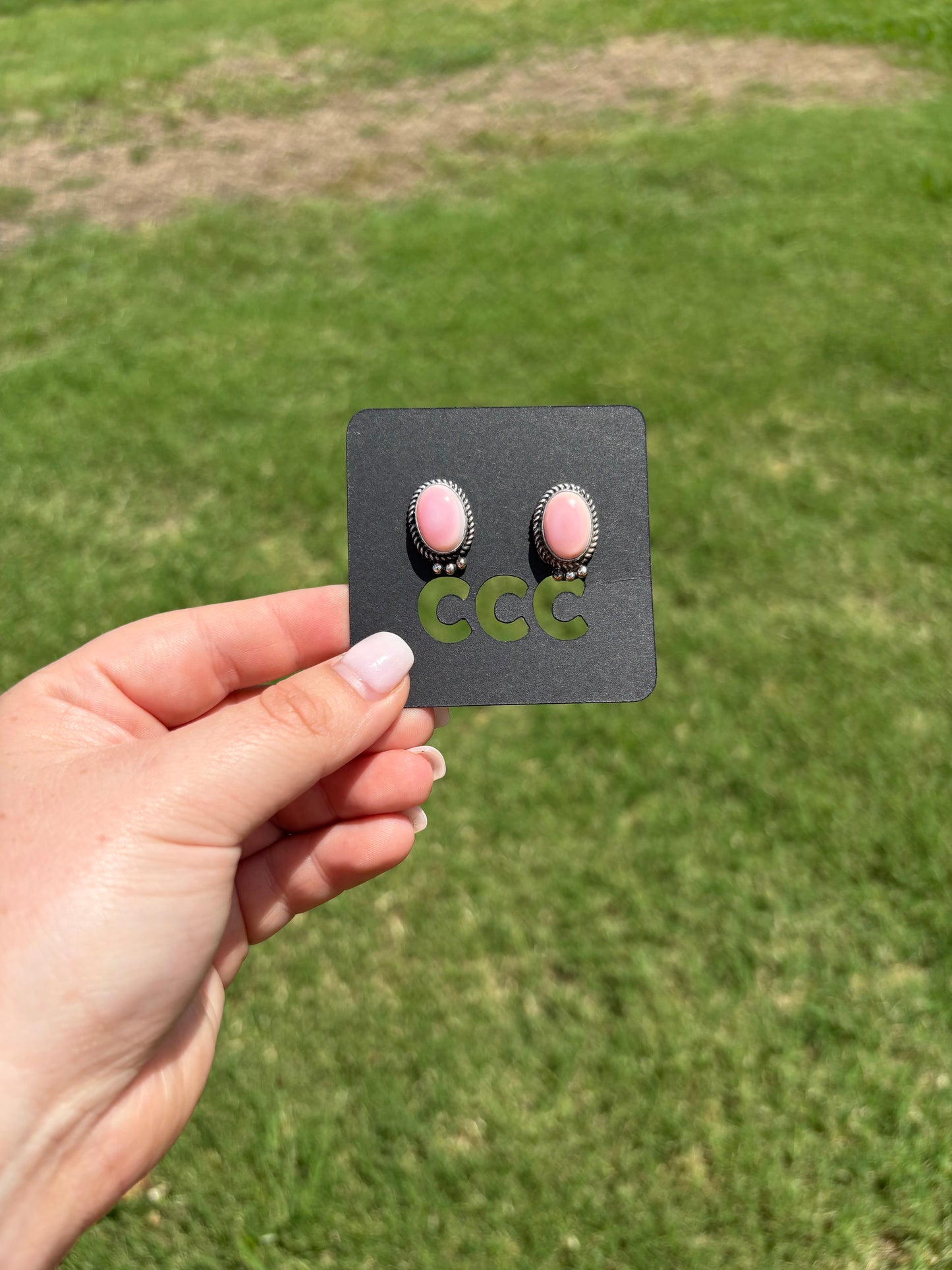 Pink Conch Medium Oval Studs with Bottom Detail