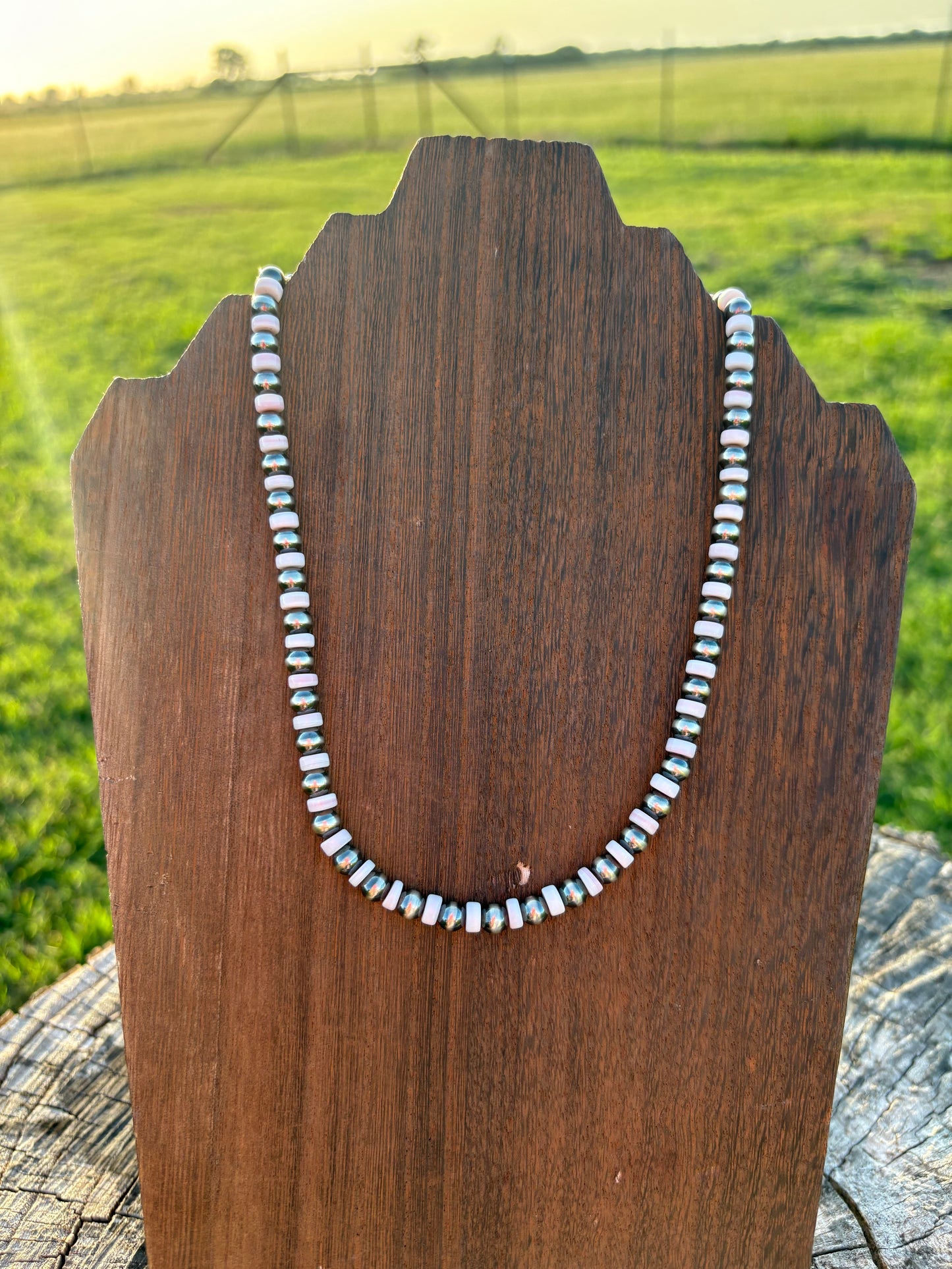 16" Pink Conch and 6mm Sterling Pearl Necklace
