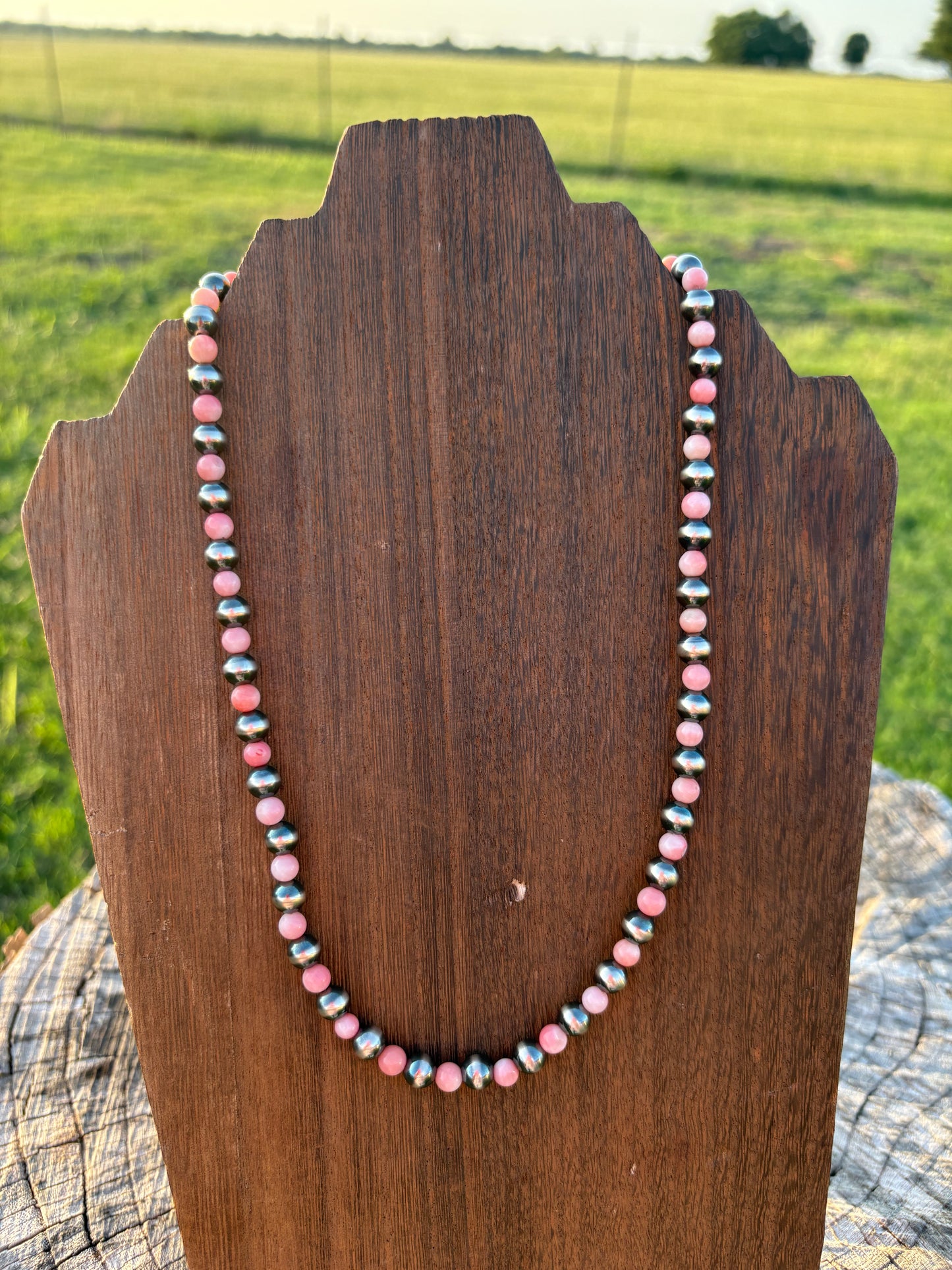 18" Angel Skin Coral with 6mm Sterling Pearl Necklace