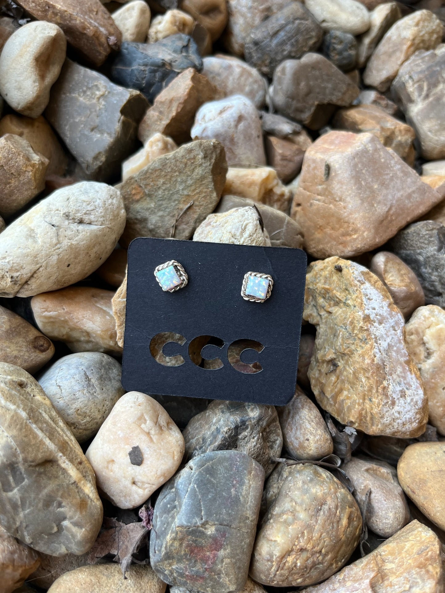 White Opal Extra Small Square Studs with Rope