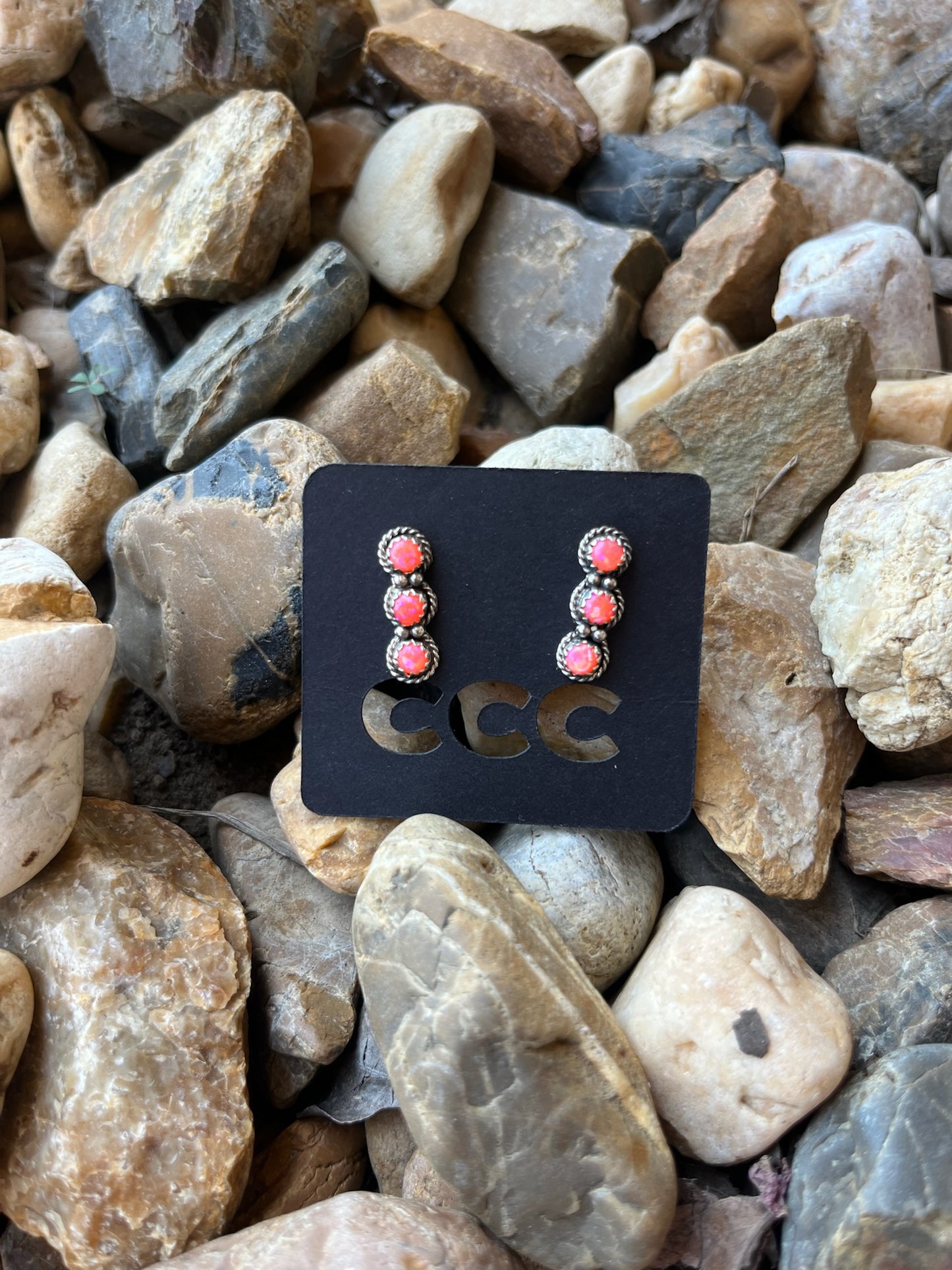 Pink Opal 3-Stone Bar Studs