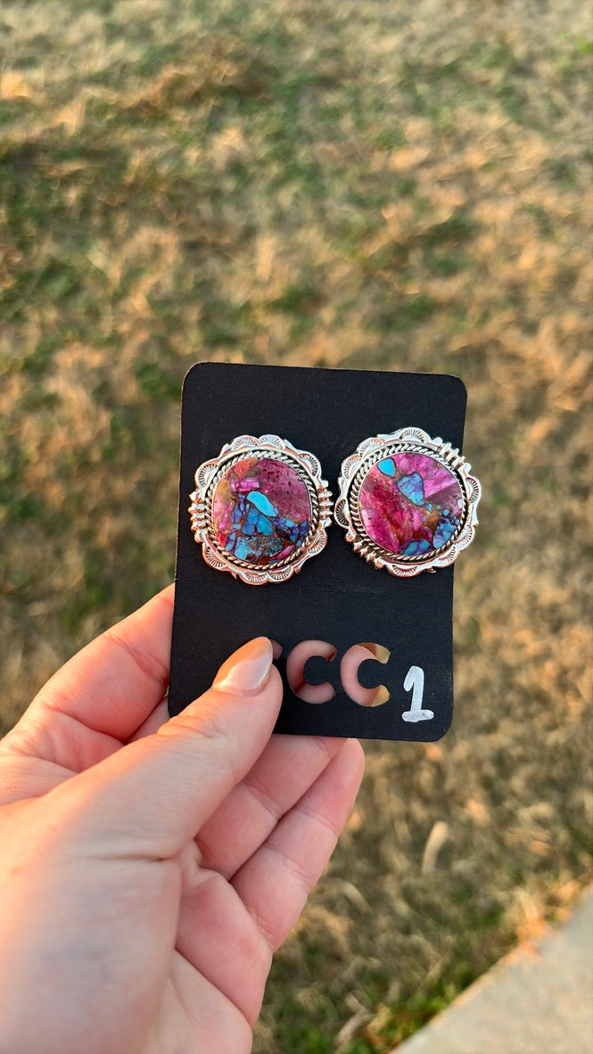 Pink Dahlia Large Circle Studs with Scroll Detail