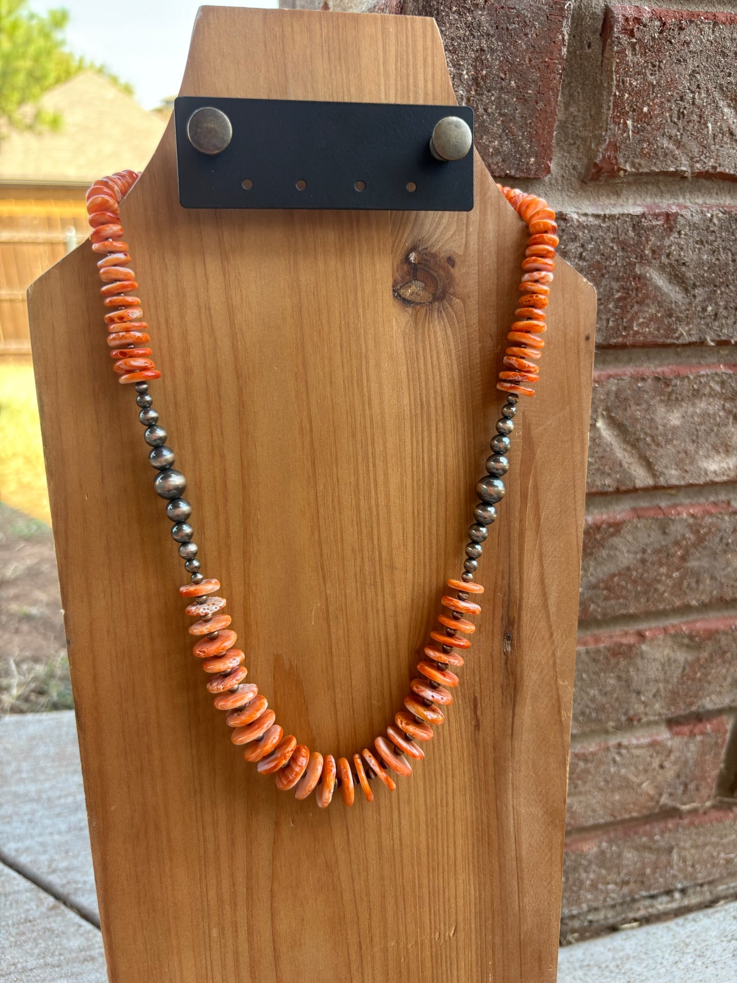 23.5" Orange Spiny and Sterling Pearl Graduated Disc Necklace