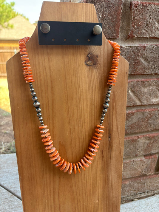 23.5" Orange Spiny and Sterling Pearl Graduated Disc Necklace