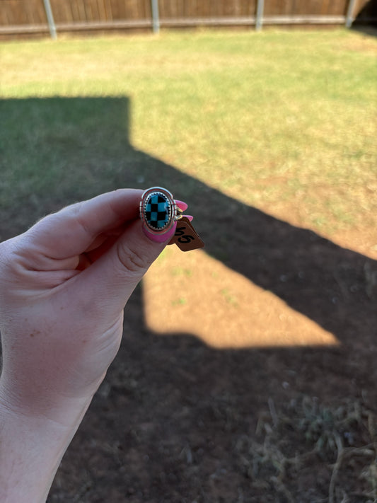 Turquoise Checkered Oval Ring - SIZE 7