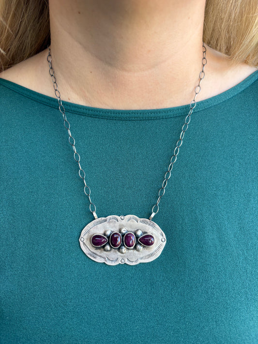 Purple Spiny 4-Stone Stamped Edge Necklace - 17"