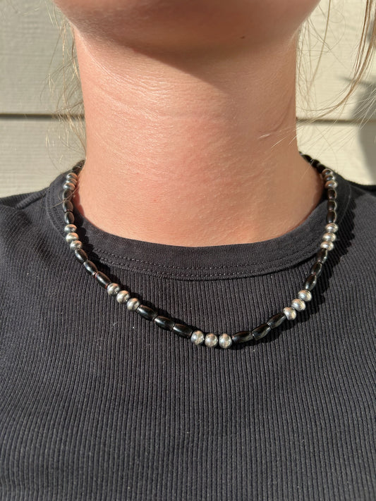 Black Onyx Barrel Bead with 6mm Sterling Pearls Necklace - 18"