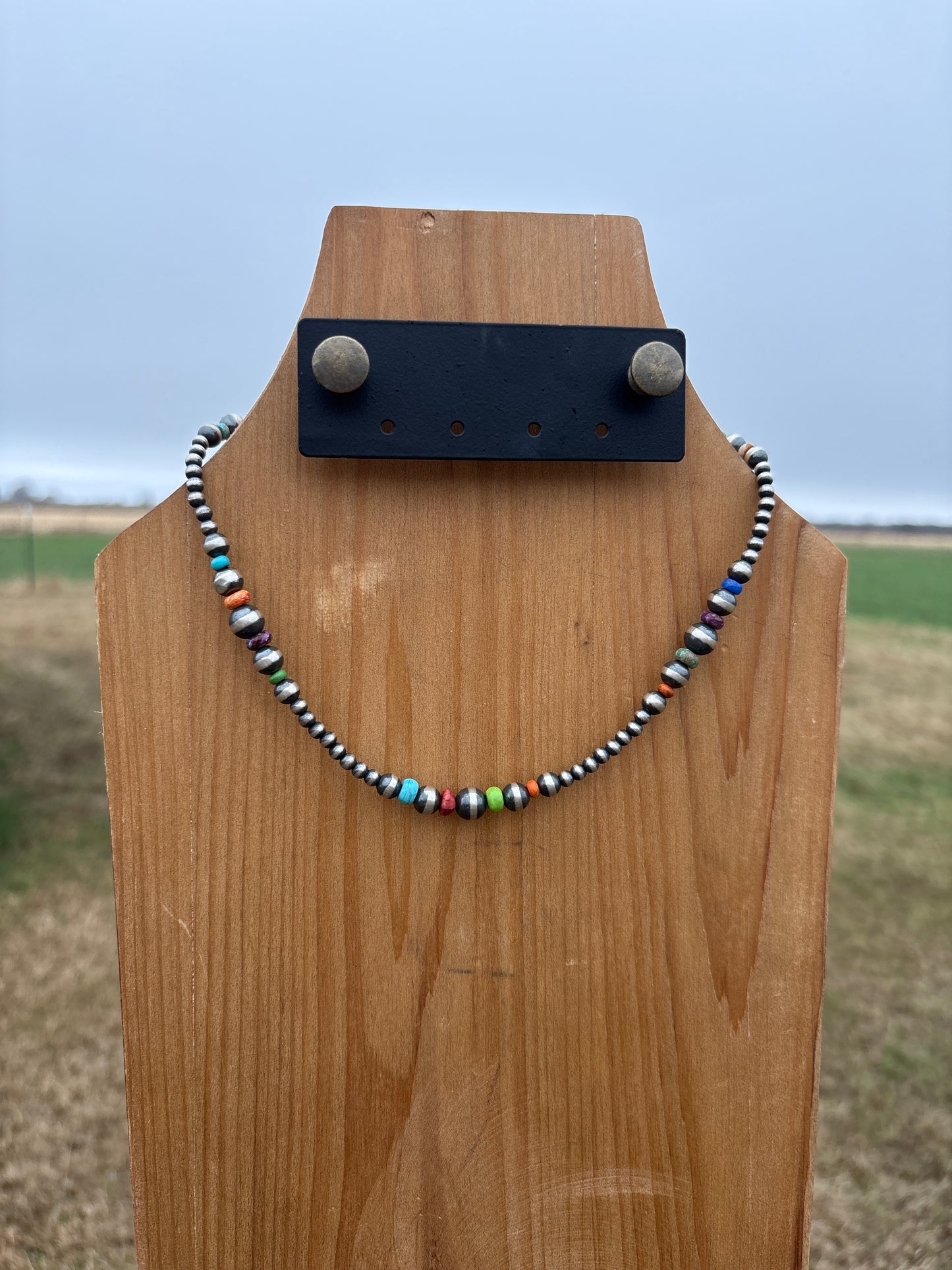 16" Multi-stone Sterling Silver Pearl Necklace