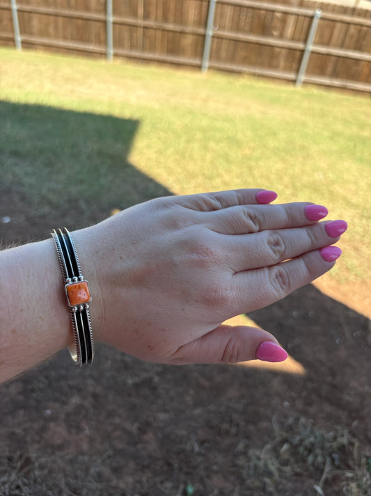 Orange Spiny Double Line Square Bead Cuff