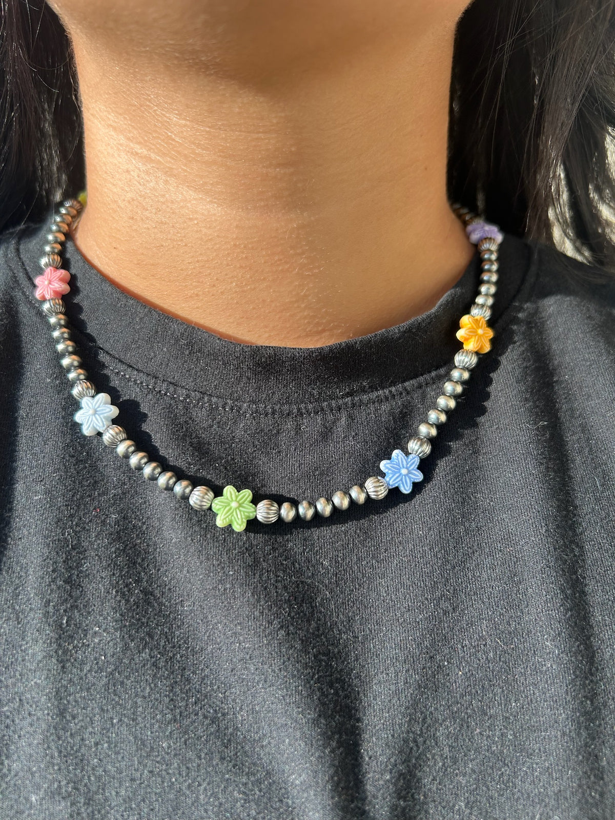 Summertime Bloom Flowers with 5mm and Fluted Sterling Pearls Necklace - 18"