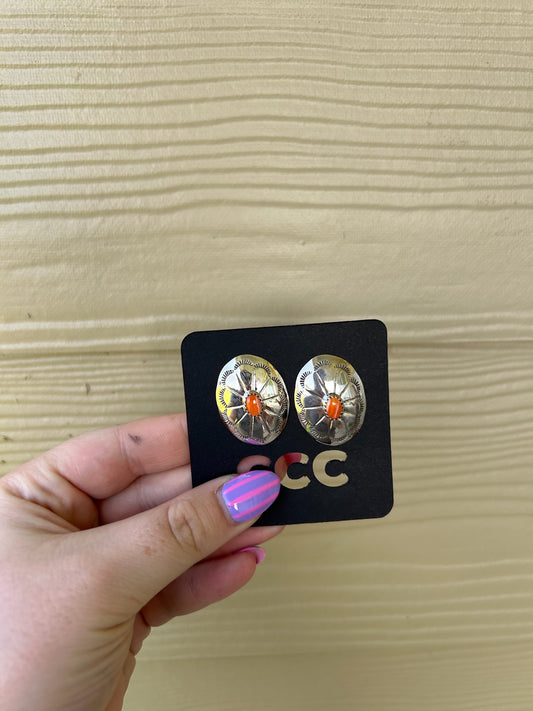 Orange Spiny Oval Concho Earrings