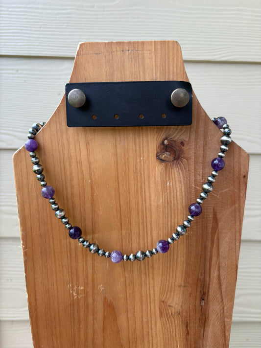 Amethyst and Variated Sterling Pearls Necklace - 17.5"