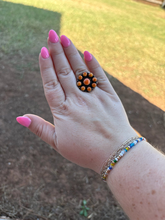 Orange Spiny Adjustable 9 Stone Flower Cluster Ring