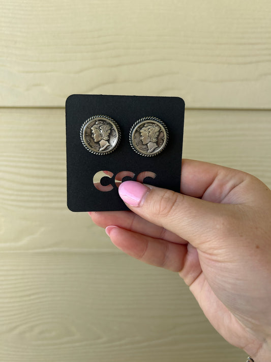 Mercury Dime Coin Rope Stud Earrings