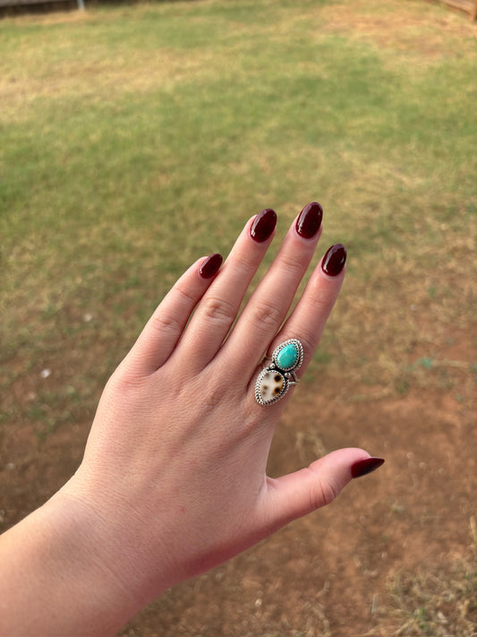 Turquoise and Cowrie Shell Two-Stone Ring - SIZE 8