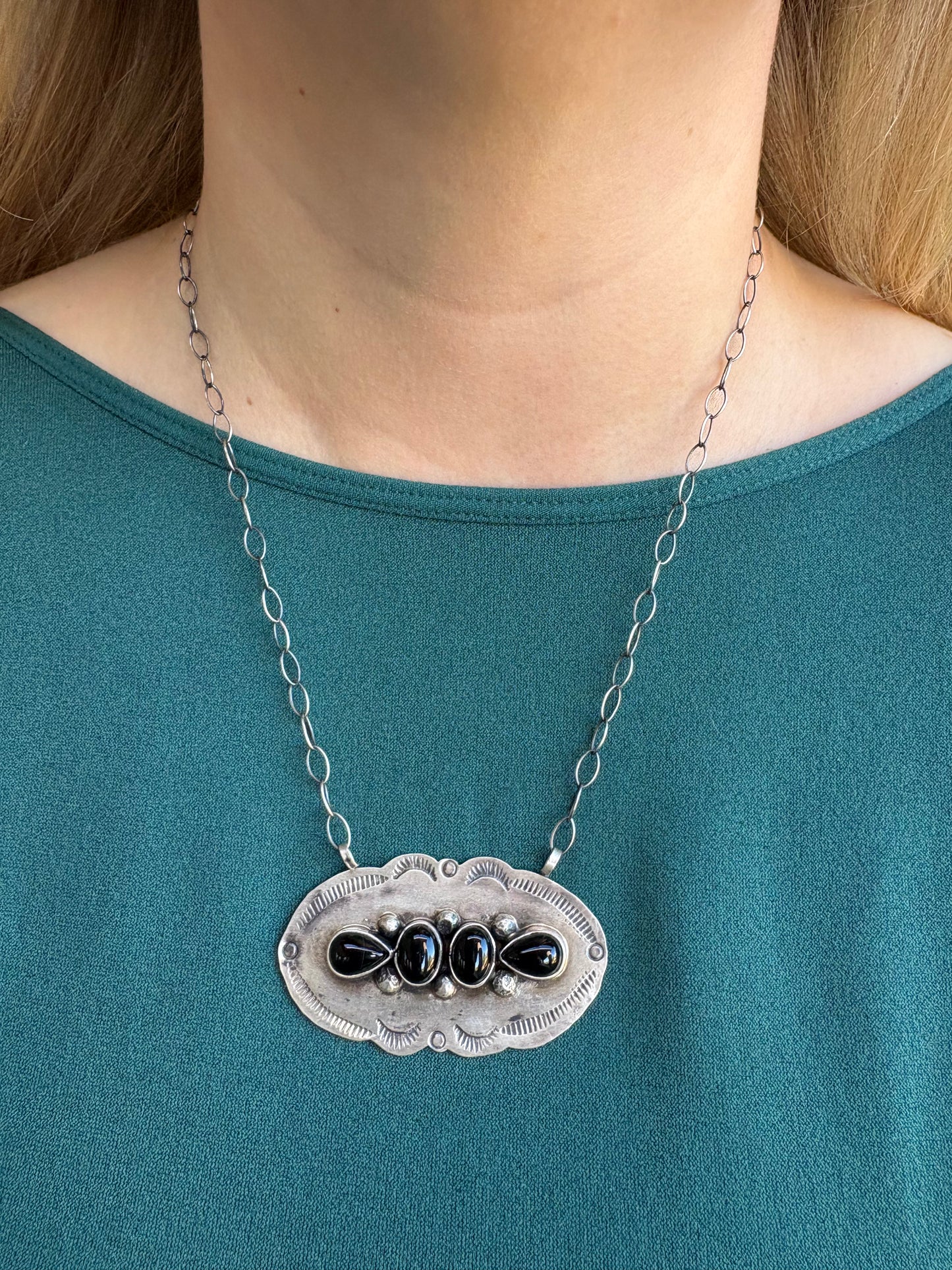 Black Onyx 4-Stone Stamped Edge Necklace - 17"